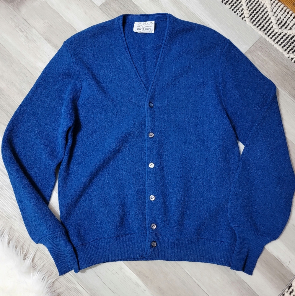 Vintage 70s Robert Bruce Arnold Palmer Alpaca Wool Royal Blue V Neck Sweater LG